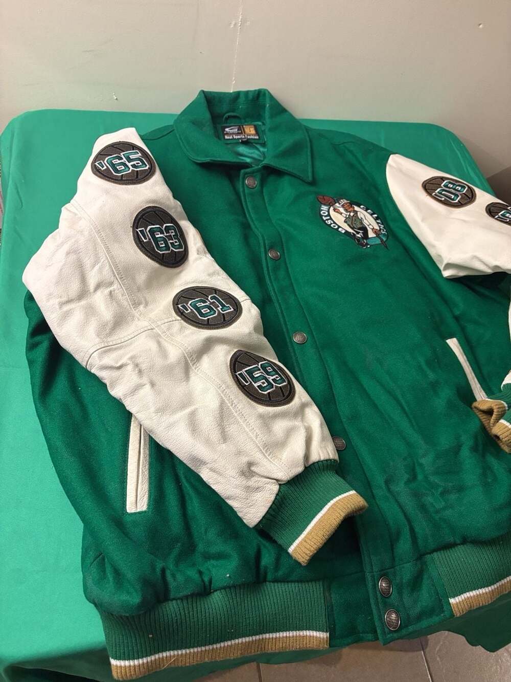 VTG 90s NBA BOSTON CELTICS  VARSITY WOOL LEATHER JACKET
